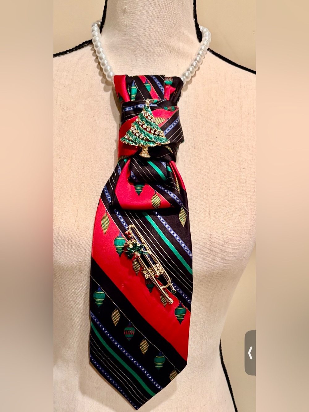 Vintage Up cycle Women Christmas Tie with Pearl Necklace- Red, Blue and Green